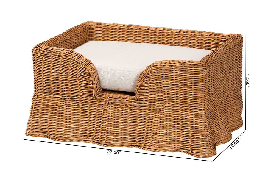 bali & pari Belita Natural Rattan Pet Bed with Scalloped Base - Handwoven Wicker Enclosed Lounge Bed for Dogs or Cats with Removable Cushion, 27.6"