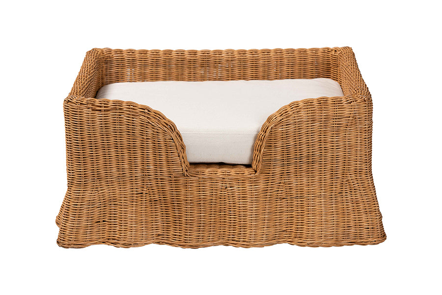 bali & pari Belita Natural Rattan Pet Bed with Scalloped Base - Handwoven Wicker Enclosed Lounge Bed for Dogs or Cats with Removable Cushion, 30.2"