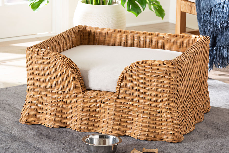 bali & pari Belita Natural Rattan Pet Bed with Scalloped Base - Handwoven Wicker Enclosed Lounge Bed for Dogs or Cats with Removable Cushion, 30.2"