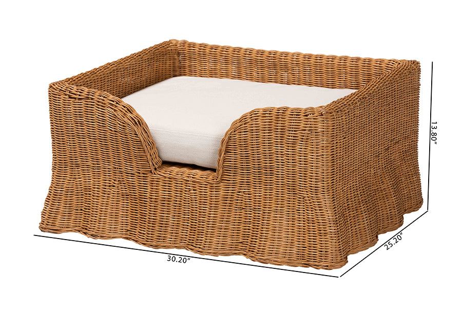 bali & pari Belita Natural Rattan Pet Bed with Scalloped Base - Handwoven Wicker Enclosed Lounge Bed for Dogs or Cats with Removable Cushion, 30.2"