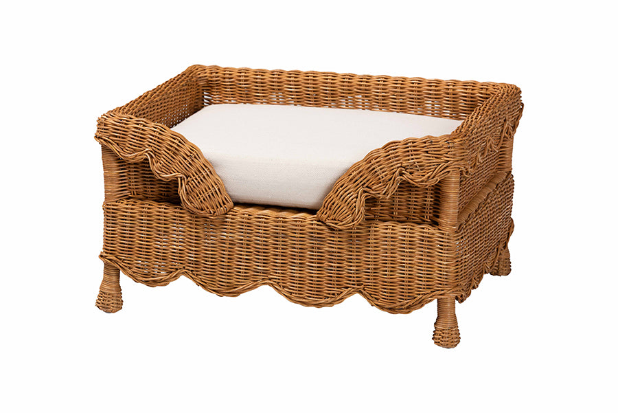 bali & pari Papina Natural Rattan Pet Bed with Scalloped Sides - Handwoven Wicker Enclosed Lounge Bed for Dogs and Cats with Removable Cushion, 25.6"