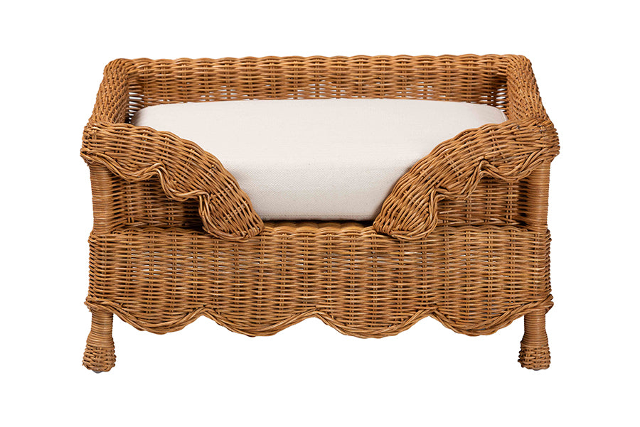 bali & pari Papina Natural Rattan Pet Bed with Scalloped Sides - Handwoven Wicker Enclosed Lounge Bed for Dogs and Cats with Removable Cushion, 25.6"