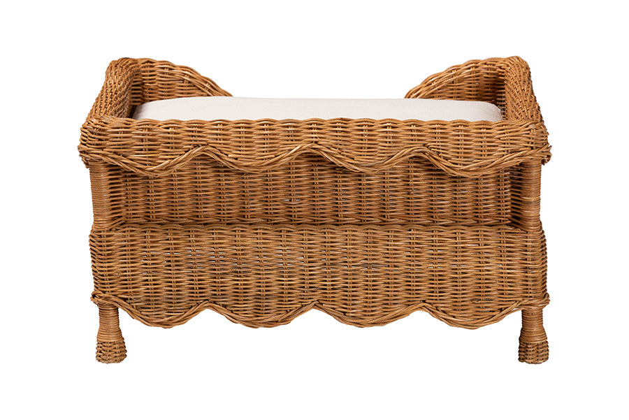 bali & pari Papina Natural Rattan Pet Bed with Scalloped Sides - Handwoven Wicker Enclosed Lounge Bed for Dogs and Cats with Removable Cushion, 25.6"