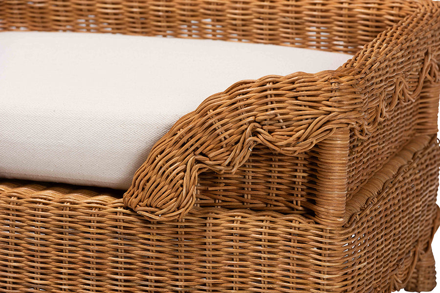 bali & pari Papina Natural Rattan Pet Bed with Scalloped Sides - Handwoven Wicker Enclosed Lounge Bed for Dogs and Cats with Removable Cushion, 25.6"