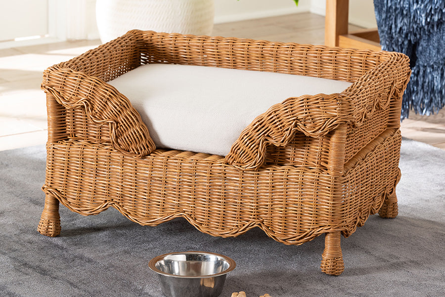 bali & pari Papina Natural Rattan Pet Bed with Scalloped Sides - Handwoven Wicker Enclosed Lounge Bed for Dogs and Cats with Removable Cushion, 25.6"