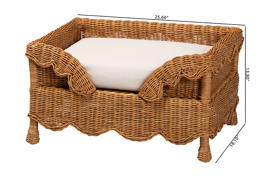 bali & pari Papina Natural Rattan Pet Bed with Scalloped Sides - Handwoven Wicker Enclosed Lounge Bed for Dogs and Cats with Removable Cushion, 25.6"