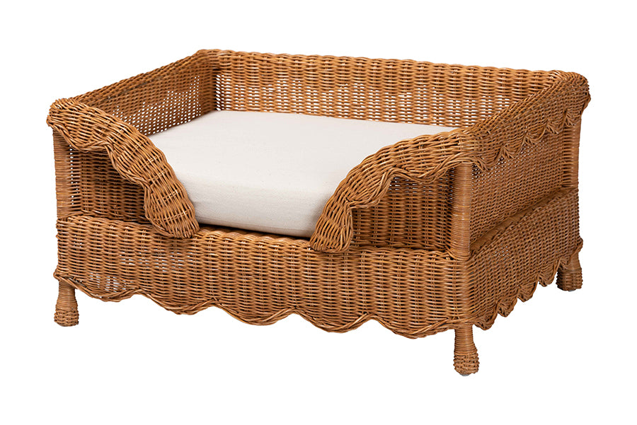 bali & pari Papina Natural Rattan Pet Bed with Scalloped Sides - Handwoven Wicker Enclosed Lounge Bed for Dogs and Cats with Removable Cushion, 31.5"
