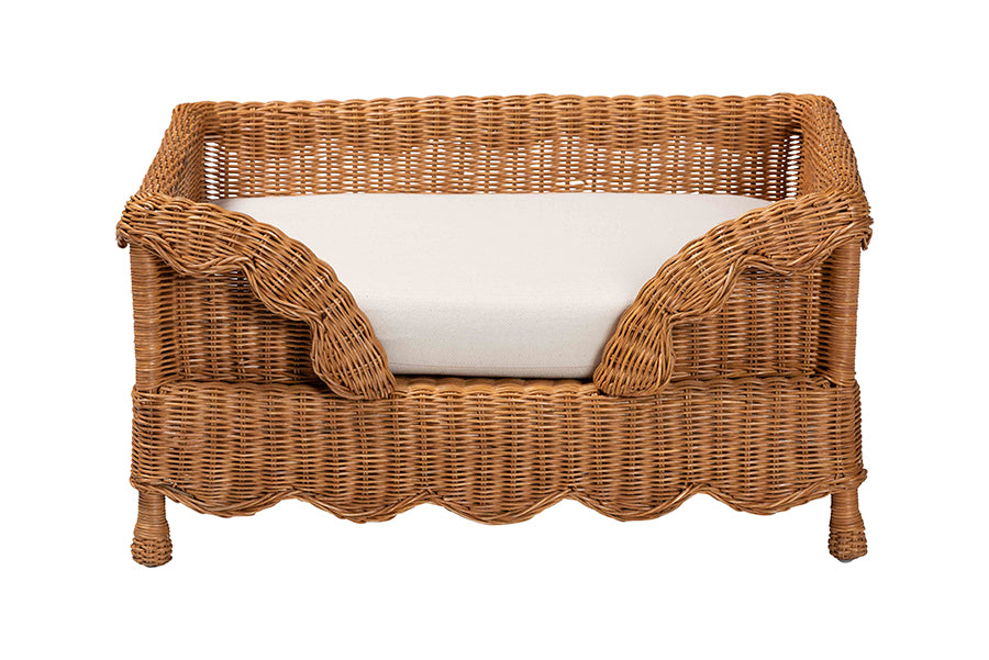 bali & pari Papina Natural Rattan Pet Bed with Scalloped Sides - Handwoven Wicker Enclosed Lounge Bed for Dogs and Cats with Removable Cushion, 31.5"