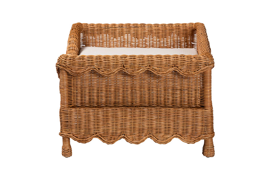bali & pari Papina Natural Rattan Pet Bed with Scalloped Sides - Handwoven Wicker Enclosed Lounge Bed for Dogs and Cats with Removable Cushion, 31.5"