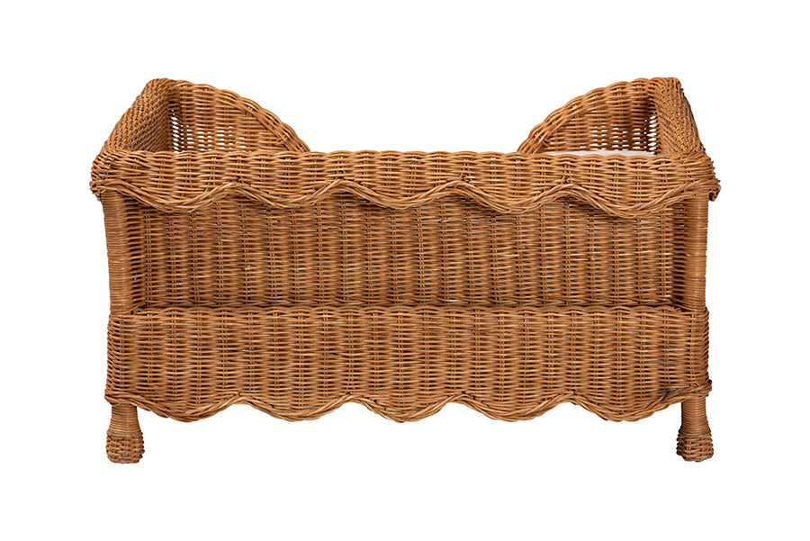 bali & pari Papina Natural Rattan Pet Bed with Scalloped Sides - Handwoven Wicker Enclosed Lounge Bed for Dogs and Cats with Removable Cushion, 31.5"