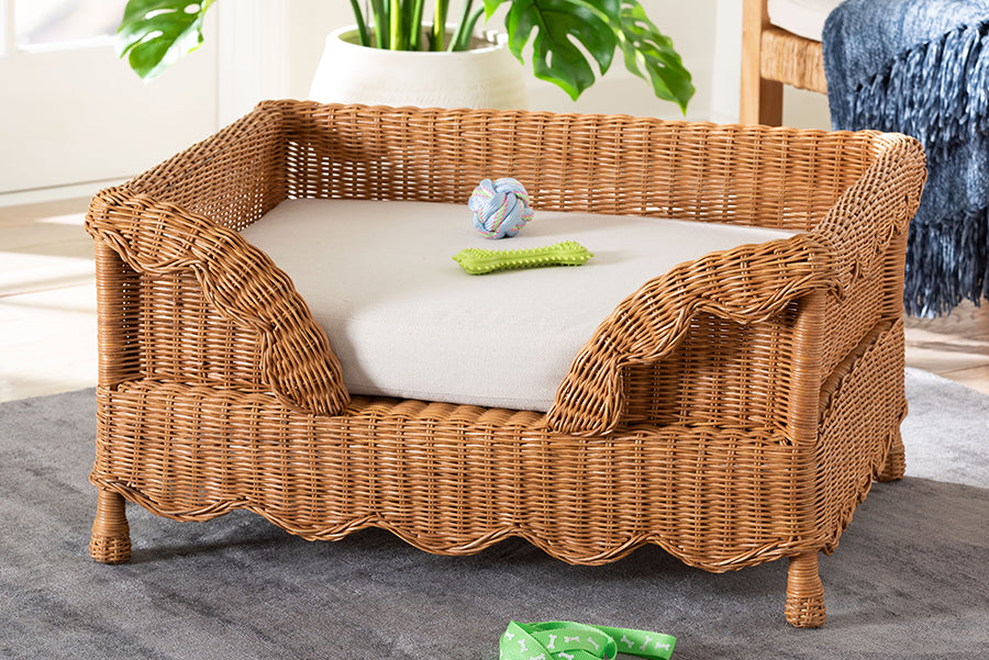 bali & pari Papina Natural Rattan Pet Bed with Scalloped Sides - Handwoven Wicker Enclosed Lounge Bed for Dogs and Cats with Removable Cushion, 31.5"