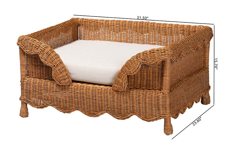 bali & pari Papina Natural Rattan Pet Bed with Scalloped Sides - Handwoven Wicker Enclosed Lounge Bed for Dogs and Cats with Removable Cushion, 31.5"