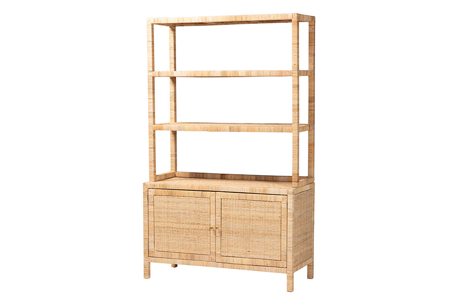 bali & pari Mortis Natural Rattan Open-Shelf Storage Cabinet - 4-Tier Display Shelf with Double Door Base, Coastal Boho Wicker Bookcase or Hutch for Living, Dining Room or Office Organization