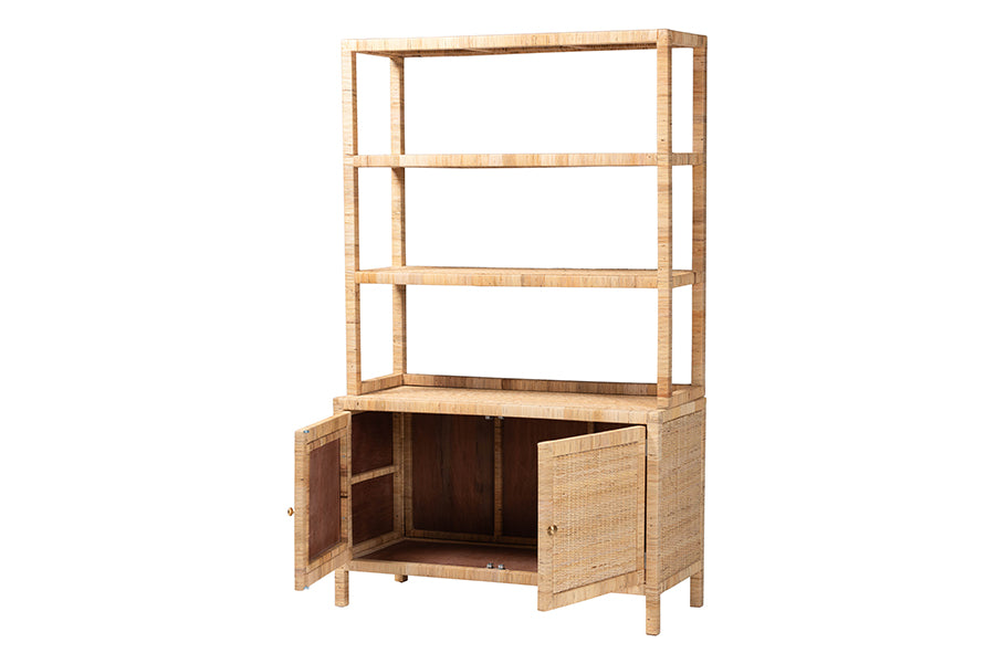 bali & pari Mortis Natural Rattan Open-Shelf Storage Cabinet - 4-Tier Display Shelf with Double Door Base, Coastal Boho Wicker Bookcase or Hutch for Living, Dining Room or Office Organization