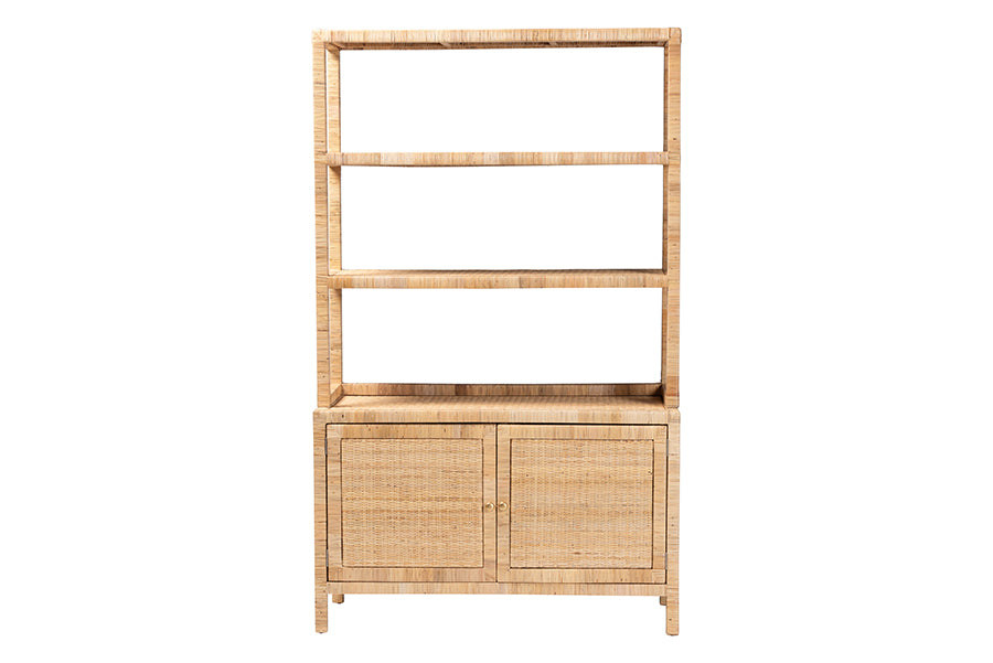 bali & pari Mortis Natural Rattan Open-Shelf Storage Cabinet - 4-Tier Display Shelf with Double Door Base, Coastal Boho Wicker Bookcase or Hutch for Living, Dining Room or Office Organization