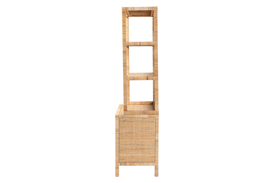 bali & pari Mortis Natural Rattan Open-Shelf Storage Cabinet - 4-Tier Display Shelf with Double Door Base, Coastal Boho Wicker Bookcase or Hutch for Living, Dining Room or Office Organization