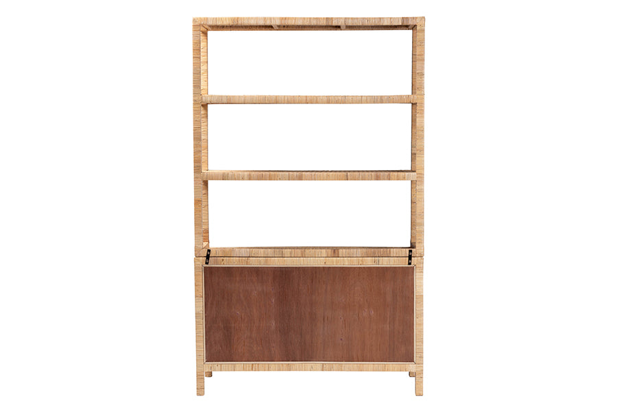 bali & pari Mortis Natural Rattan Open-Shelf Storage Cabinet - 4-Tier Display Shelf with Double Door Base, Coastal Boho Wicker Bookcase or Hutch for Living, Dining Room or Office Organization