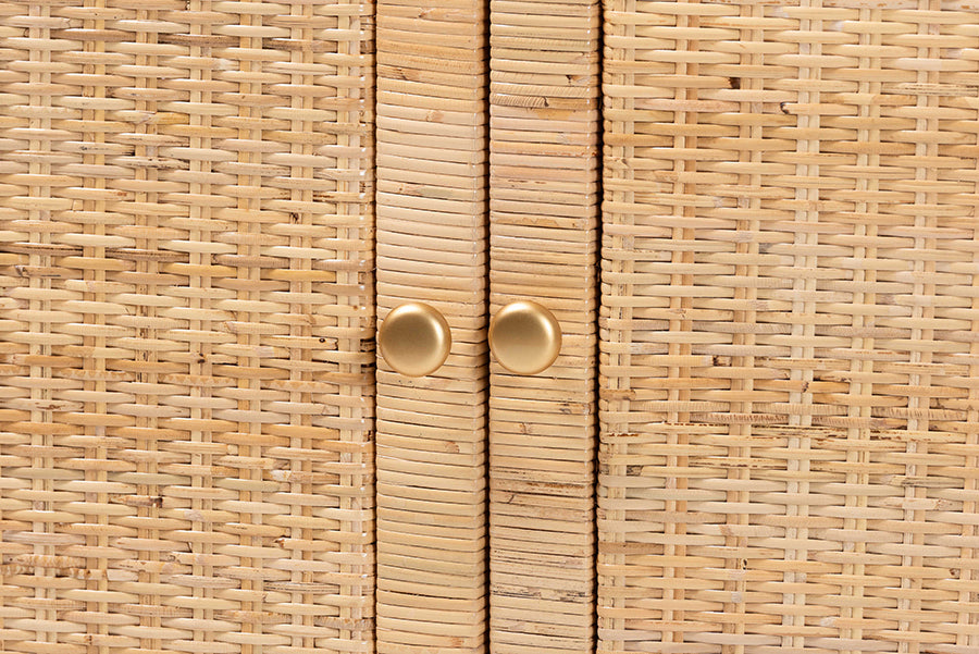 bali & pari Mortis Natural Rattan Open-Shelf Storage Cabinet - 4-Tier Display Shelf with Double Door Base, Coastal Boho Wicker Bookcase or Hutch for Living, Dining Room or Office Organization