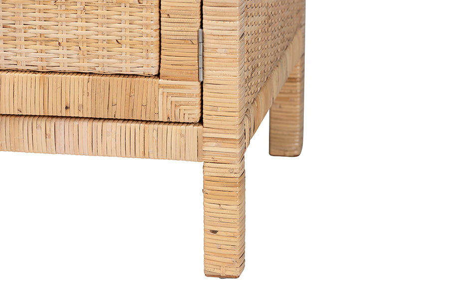 bali & pari Mortis Natural Rattan Open-Shelf Storage Cabinet - 4-Tier Display Shelf with Double Door Base, Coastal Boho Wicker Bookcase or Hutch for Living, Dining Room or Office Organization