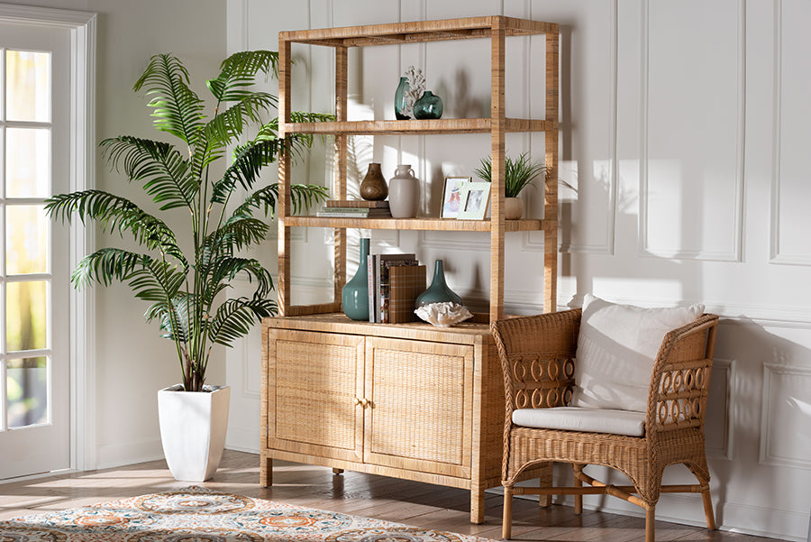 bali & pari Mortis Natural Rattan Open-Shelf Storage Cabinet - 4-Tier Display Shelf with Double Door Base, Coastal Boho Wicker Bookcase or Hutch for Living, Dining Room or Office Organization