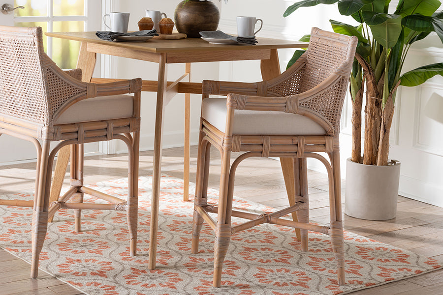 bali & pari Allen Natural Rattan Counter Stool - Handwoven Wicker Stool with Lattice Back and Removable Cushion, Counter Height Seating for Kitchen Island or Lounge