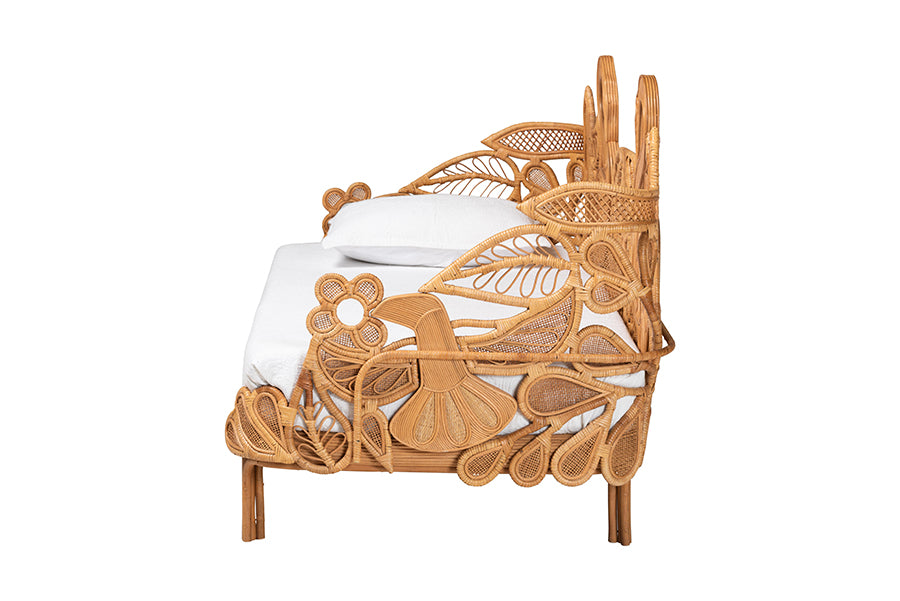 bali & pari Aves Natural Rattan Daybed with Decorative Flamingo Frame - Handwoven Wicker Lounge Bed with Boho Coastal Frame for Living Room, Bedroom, or Sunroom, Twin