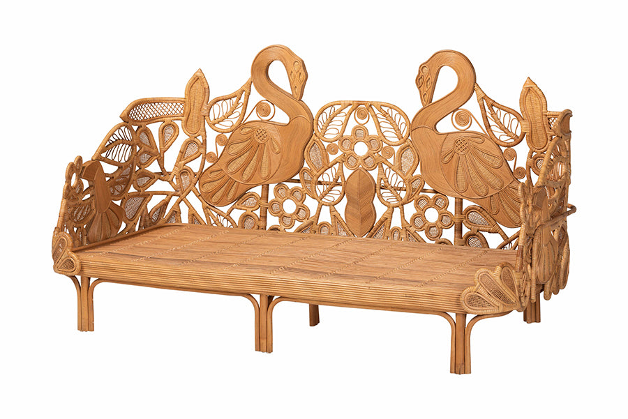 bali & pari Aves Natural Rattan Daybed with Decorative Flamingo Frame - Handwoven Wicker Lounge Bed with Boho Coastal Frame for Living Room, Bedroom, or Sunroom, Twin
