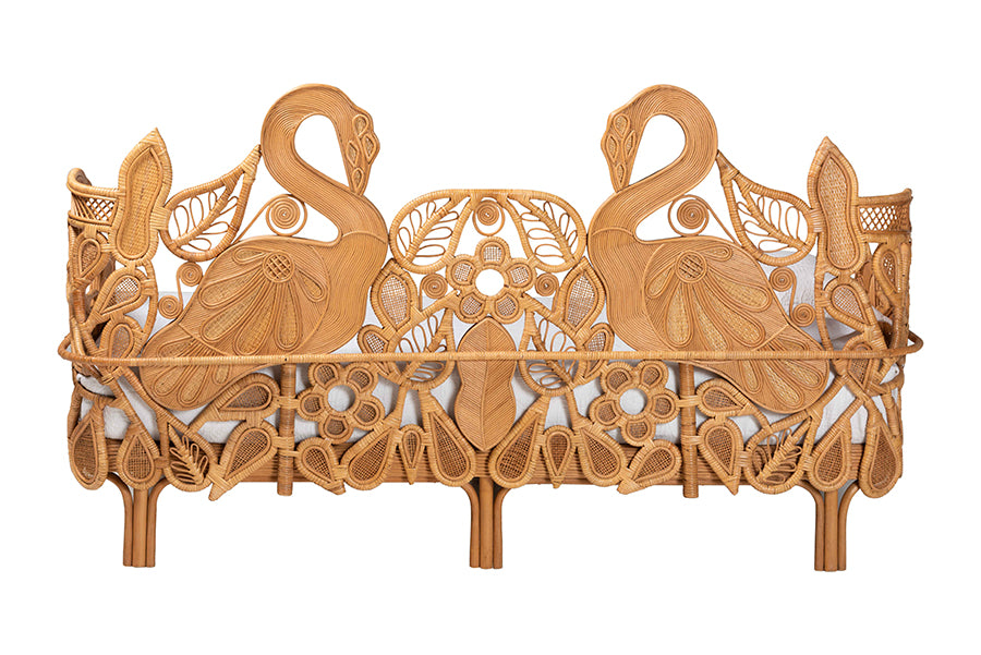 bali & pari Aves Natural Rattan Daybed with Decorative Flamingo Frame - Handwoven Wicker Lounge Bed with Boho Coastal Frame for Living Room, Bedroom, or Sunroom, Twin