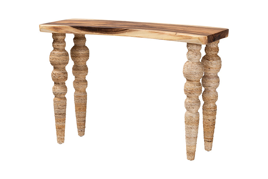 bali & pari Nasnan Teak Wood Console Table with Seagrass and Bobbin Legs - Sculptural Narrow Entryway Table with Hand-wrapped Turned Legs for Hallway, Living Room, or Walkway