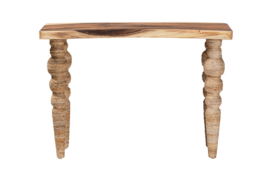 bali & pari Nasnan Teak Wood Console Table with Seagrass and Bobbin Legs - Sculptural Narrow Entryway Table with Hand-wrapped Turned Legs for Hallway, Living Room, or Walkway