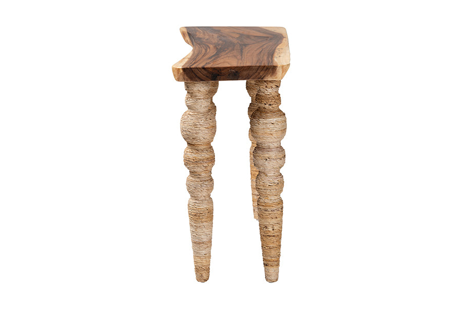 bali & pari Nasnan Teak Wood Console Table with Seagrass and Bobbin Legs - Sculptural Narrow Entryway Table with Hand-wrapped Turned Legs for Hallway, Living Room, or Walkway
