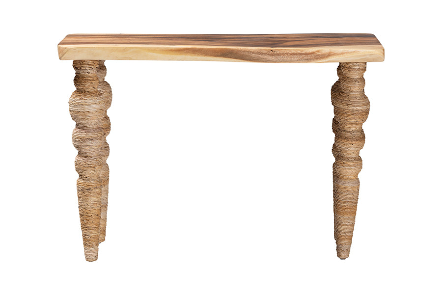 bali & pari Nasnan Teak Wood Console Table with Seagrass and Bobbin Legs - Sculptural Narrow Entryway Table with Hand-wrapped Turned Legs for Hallway, Living Room, or Walkway