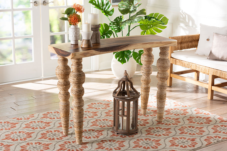 bali & pari Nasnan Teak Wood Console Table with Seagrass and Bobbin Legs - Sculptural Narrow Entryway Table with Hand-wrapped Turned Legs for Hallway, Living Room, or Walkway