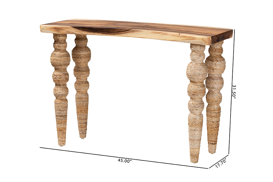 bali & pari Nasnan Teak Wood Console Table with Seagrass and Bobbin Legs - Sculptural Narrow Entryway Table with Hand-wrapped Turned Legs for Hallway, Living Room, or Walkway