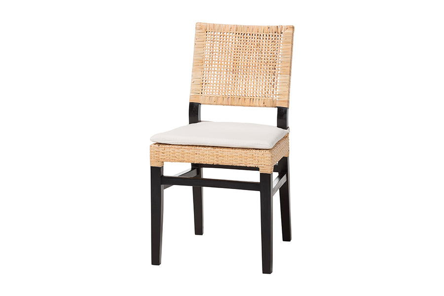 bali & pari Lesia Natural Rattan Dining Chair with Cushion - Handwoven Wicker Side Chair with Mahogany Wood Frame, Coastal Boho Style Seating for Kitchen or Dining Room, Espresso Brown