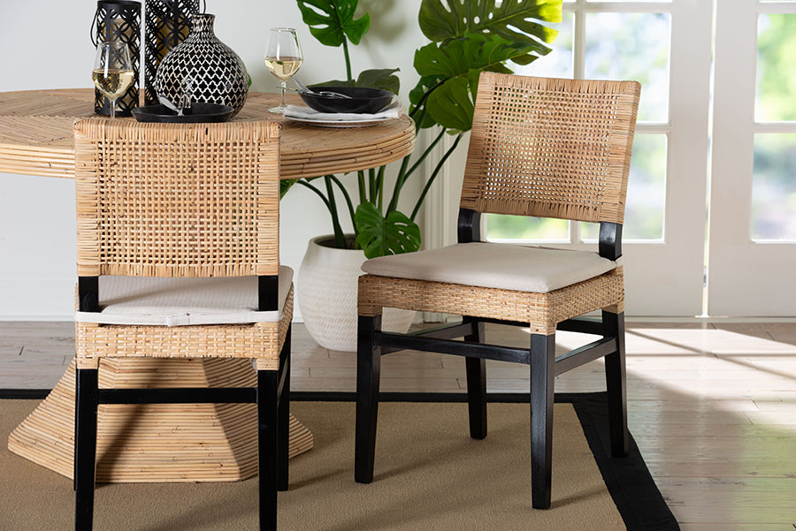 bali & pari Lesia Natural Rattan Dining Chair with Cushion - Handwoven Wicker Side Chair with Mahogany Wood Frame, Coastal Boho Style Seating for Kitchen or Dining Room, Espresso Brown
