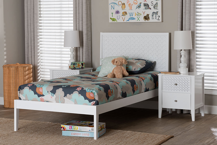 Baxton Studio Lara Twin 3-Piece Bedroom Set - Modern Wood Bed Frame with Matching Nightstands, Decorative Laser-Cut Headboard Overlay, White