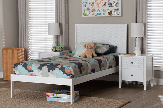 Baxton Studio Lara Twin 3-Piece Bedroom Set - Modern Wood Bed Frame with Matching Nightstands, Decorative Laser-Cut Headboard Overlay, White