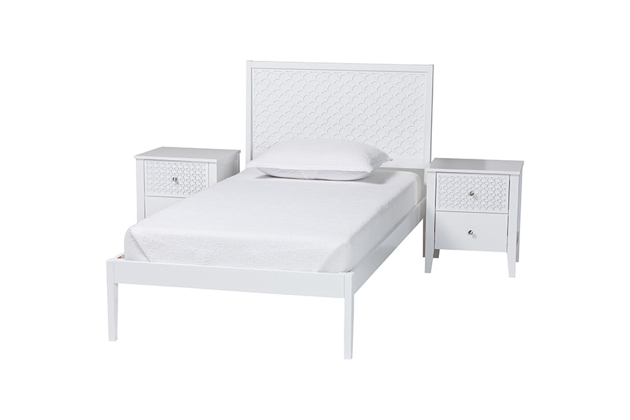 Baxton Studio Lara Twin 3-Piece Bedroom Set - Modern Wood Bed Frame with Matching Nightstands, Decorative Laser-Cut Headboard Overlay, White