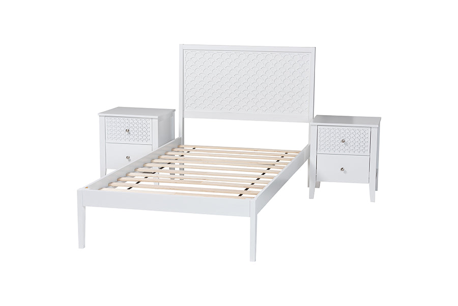 Baxton Studio Lara Twin 3-Piece Bedroom Set - Modern Wood Bed Frame with Matching Nightstands, Decorative Laser-Cut Headboard Overlay, White