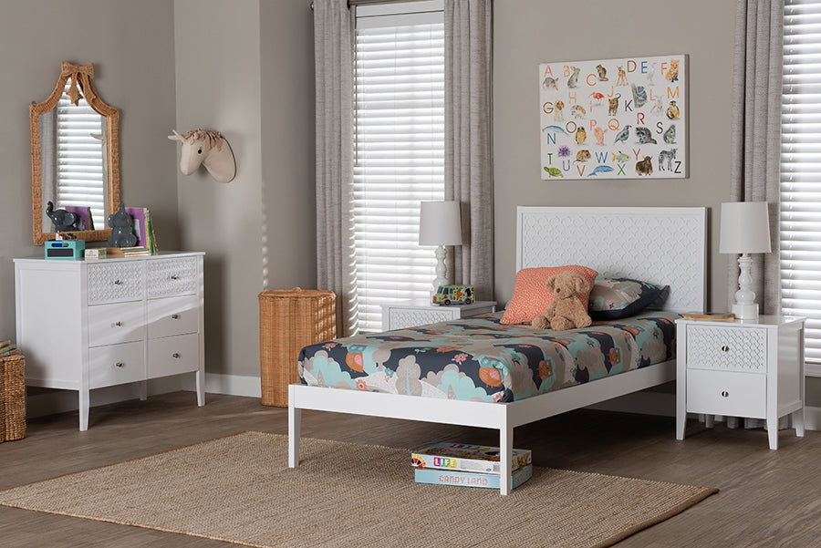 Baxton Studio Lara Twin 4-Piece Bedroom Set - Modern Wood Bed Frame with Matching Nightstands and Dresser, Decorative Laser-Cut Overlay, White