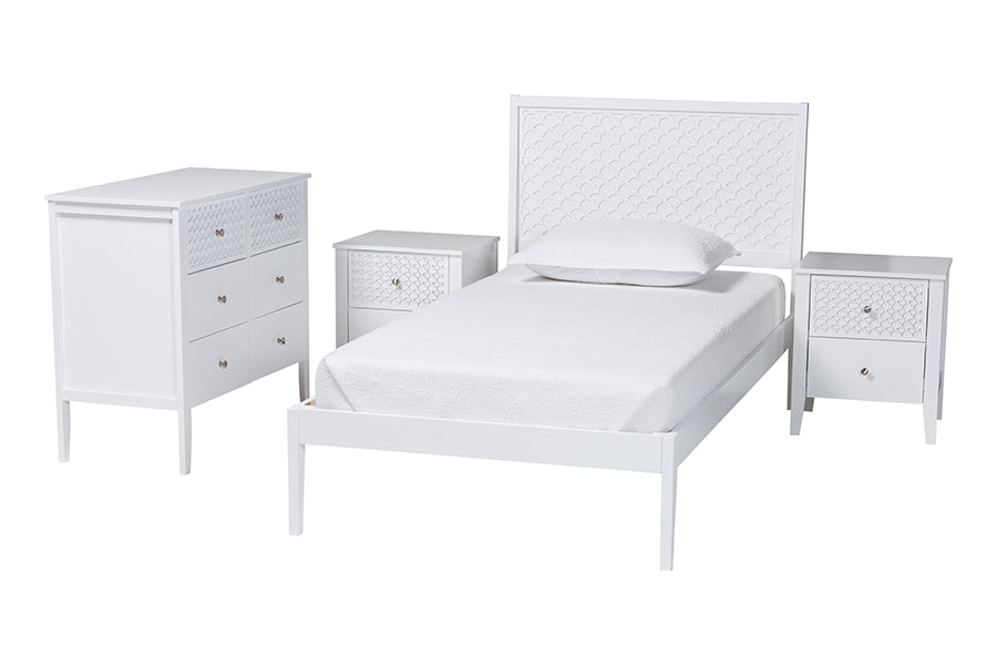 Baxton Studio Lara Twin 4-Piece Bedroom Set - Modern Wood Bed Frame with Matching Nightstands and Dresser, Decorative Laser-Cut Overlay, White