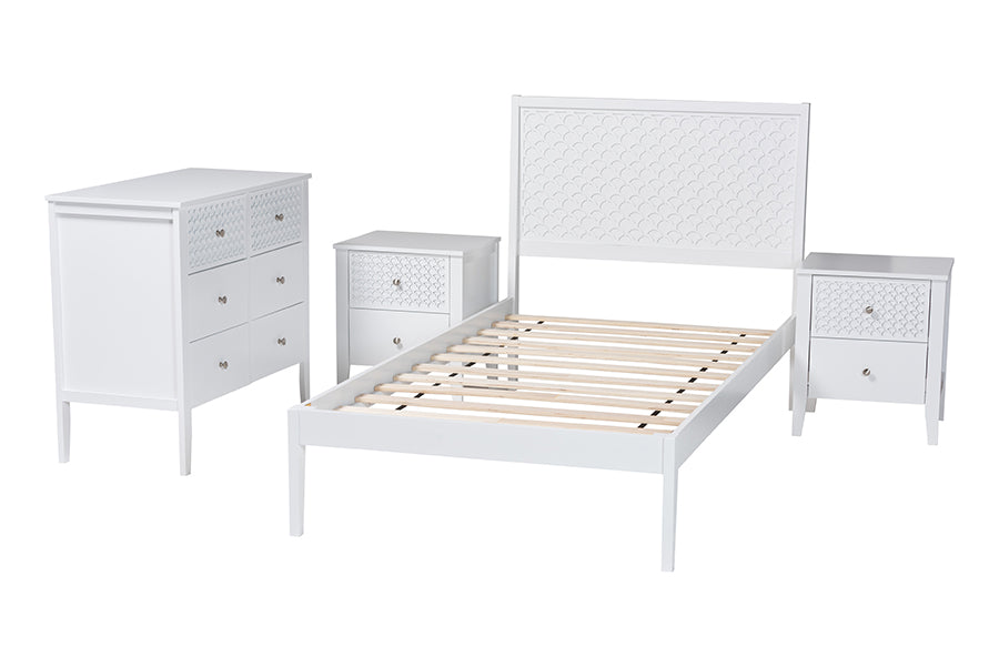 Baxton Studio Lara Twin 4-Piece Bedroom Set - Modern Wood Bed Frame with Matching Nightstands and Dresser, Decorative Laser-Cut Overlay, White