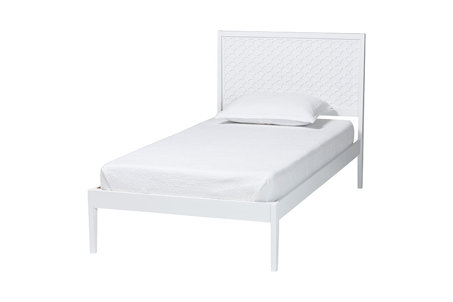Baxton Studio Lara Twin Platform Bed - Modern Wood Bed Frame with Laser-Cut Decorative Headboard Overlay, White