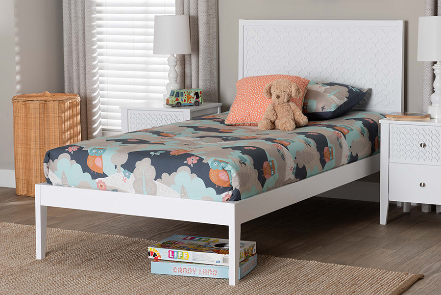 Baxton Studio Lara Twin Platform Bed - Modern Wood Bed Frame with Laser-Cut Decorative Headboard Overlay, White