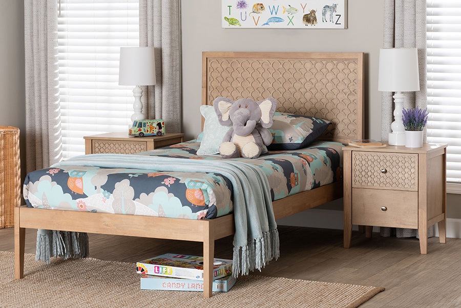 Baxton Studio Lara Twin 3-Piece Bedroom Set - Modern Wood Bed Frame with Matching Nightstands, Decorative Laser-Cut Headboard Overlay, Oak Brown