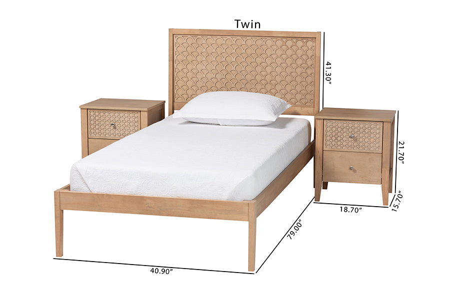 Baxton Studio Lara Twin 3-Piece Bedroom Set - Modern Wood Bed Frame with Matching Nightstands, Decorative Laser-Cut Headboard Overlay, Oak Brown