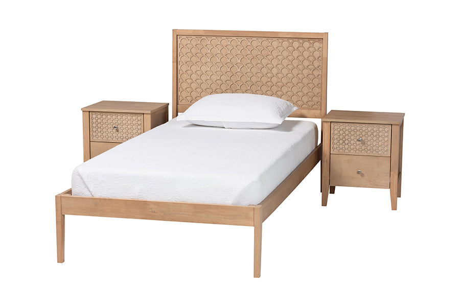 Baxton Studio Lara Twin 3-Piece Bedroom Set - Modern Wood Bed Frame with Matching Nightstands, Decorative Laser-Cut Headboard Overlay, Oak Brown