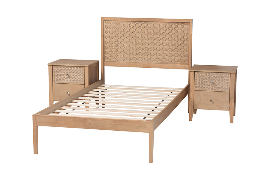 Baxton Studio Lara Twin 3-Piece Bedroom Set - Modern Wood Bed Frame with Matching Nightstands, Decorative Laser-Cut Headboard Overlay, Oak Brown