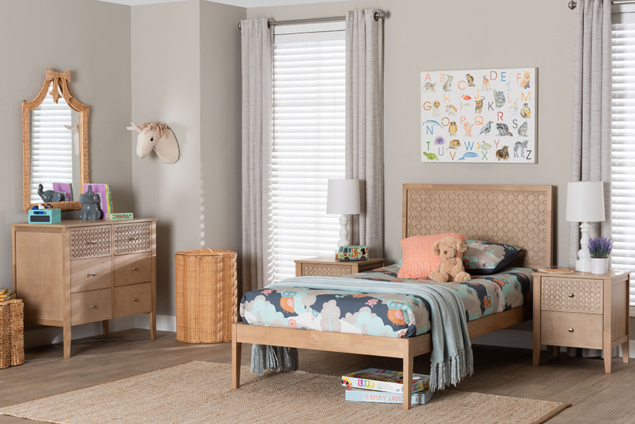 Baxton Studio Lara Twin 4-Piece Bedroom Set - Modern Wood Bed Frame with Matching Nightstands and Dresser, Decorative Laser-Cut Overlay, oak Brown